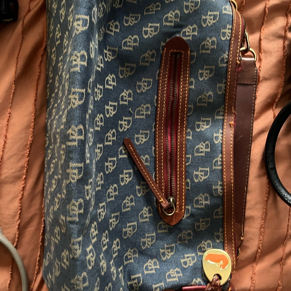 Dooney & Bourke Blue Monogram Duffel with Brown Leather Trim